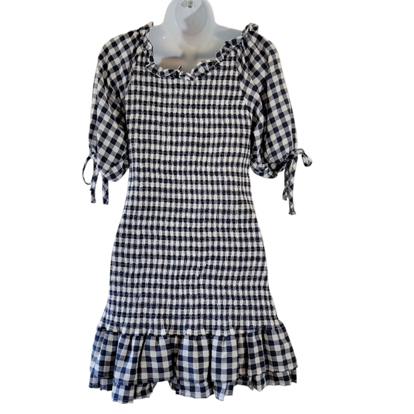 Anthropologie MABLE Blue/White Gingham Smocked Mini Dress Sz M Y2K Peasant Fairy - Picture 3 of 12